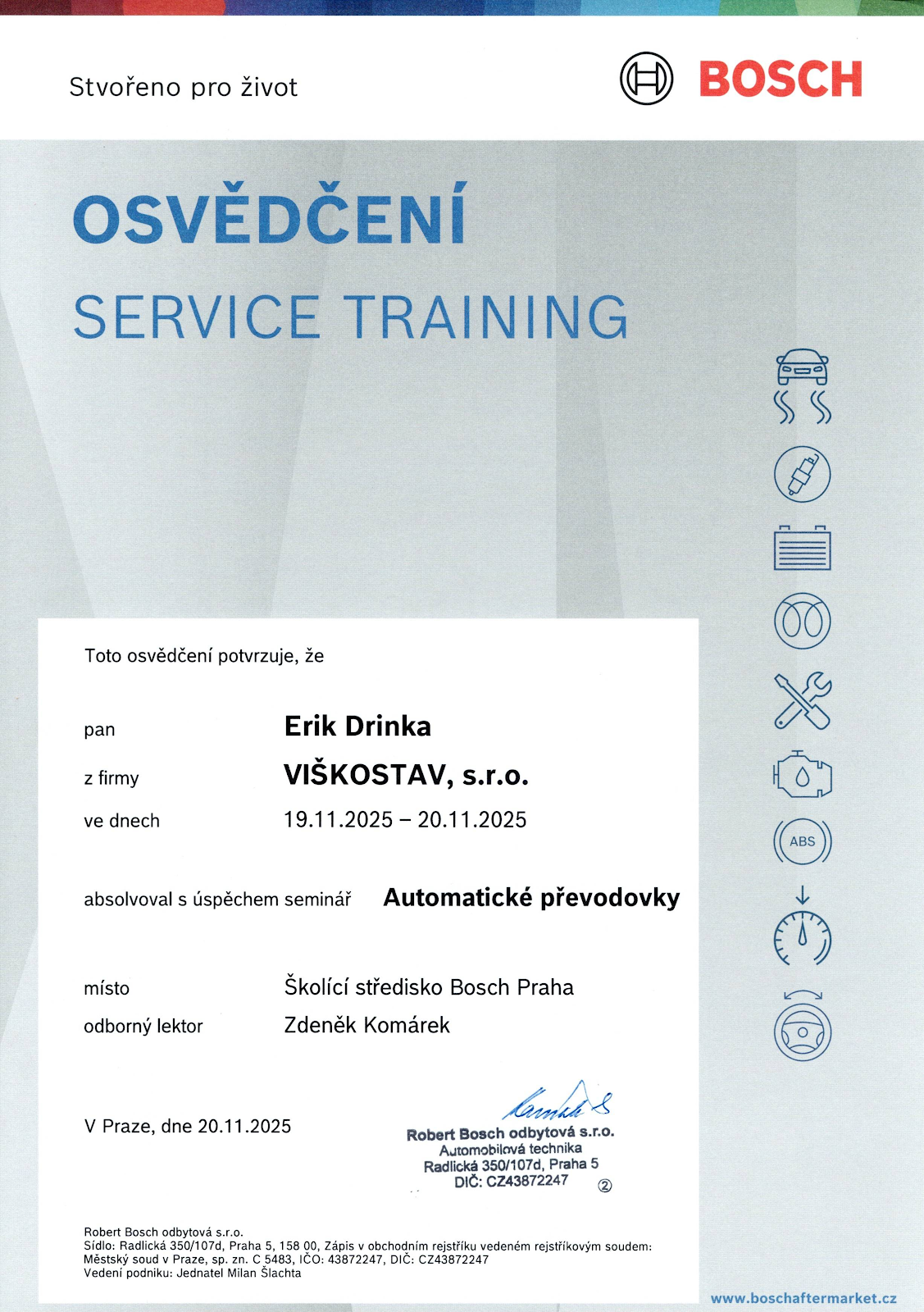 Osvedčenie: Automatické prevodovky — Erik Drinka