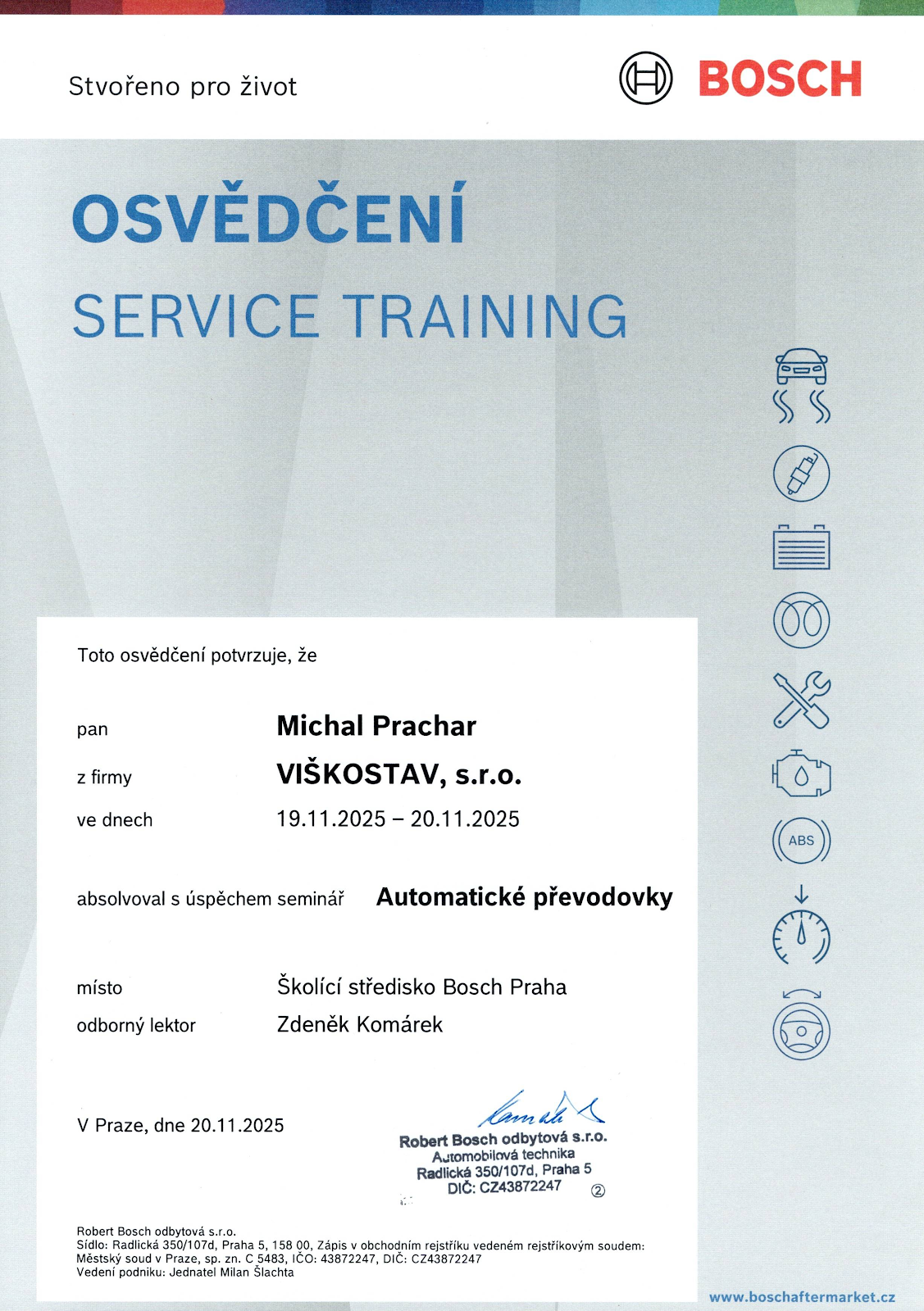 Osvedčenie: Automatické prevodovky — Michal Prachar