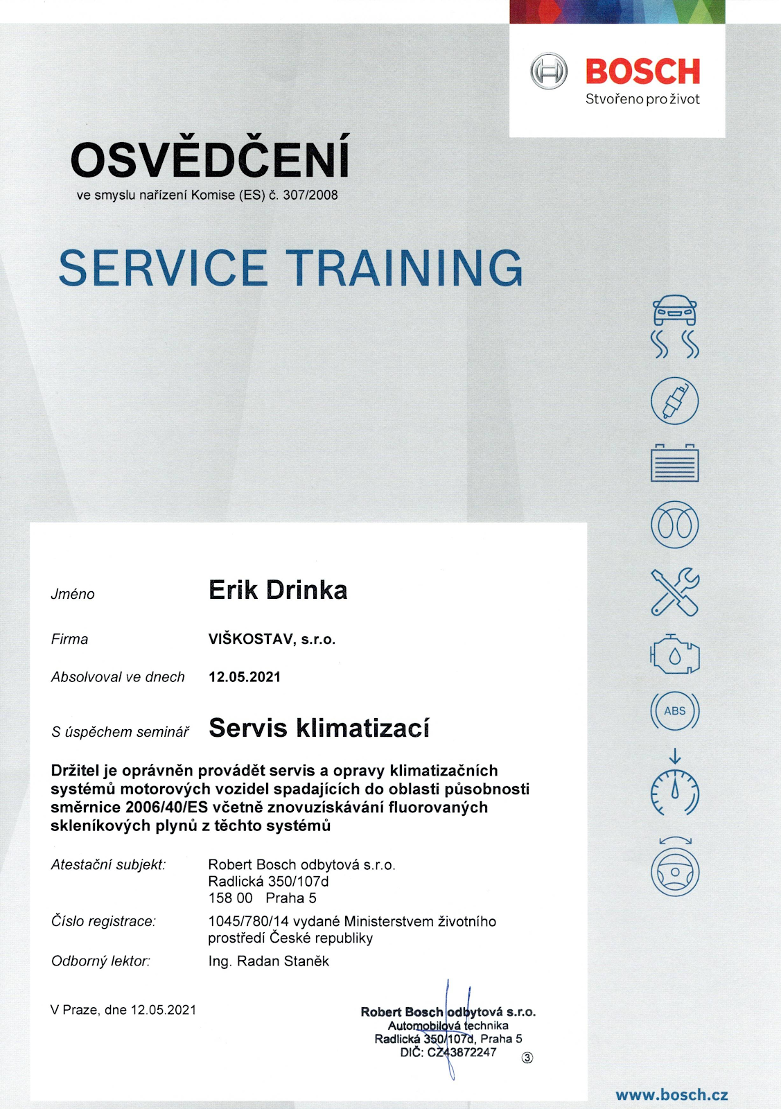 Osvedčenie: Servis klimatizácií — Erik Drinka