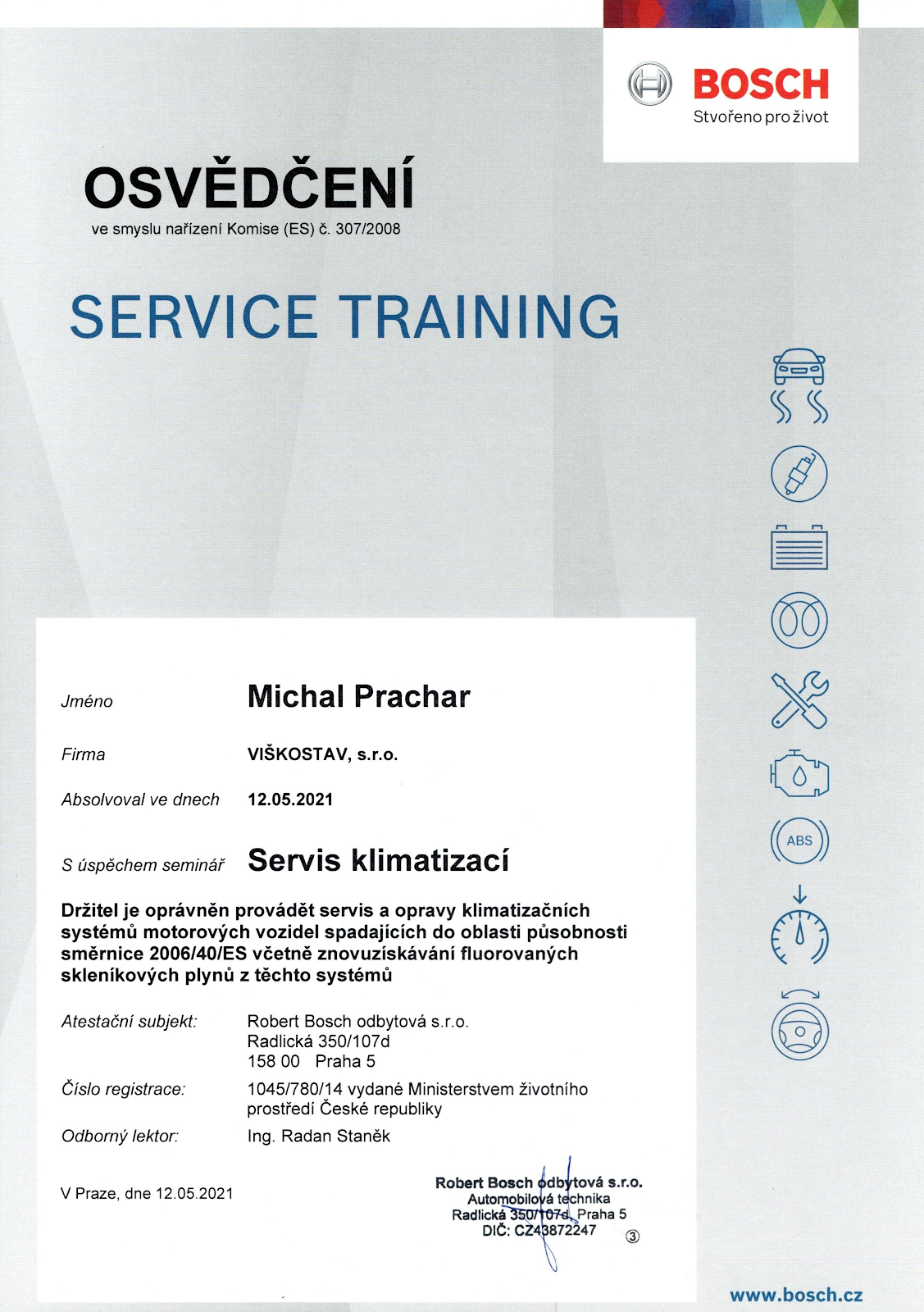 Osvedčenie: Servis klimatizácií — Michal Prachar