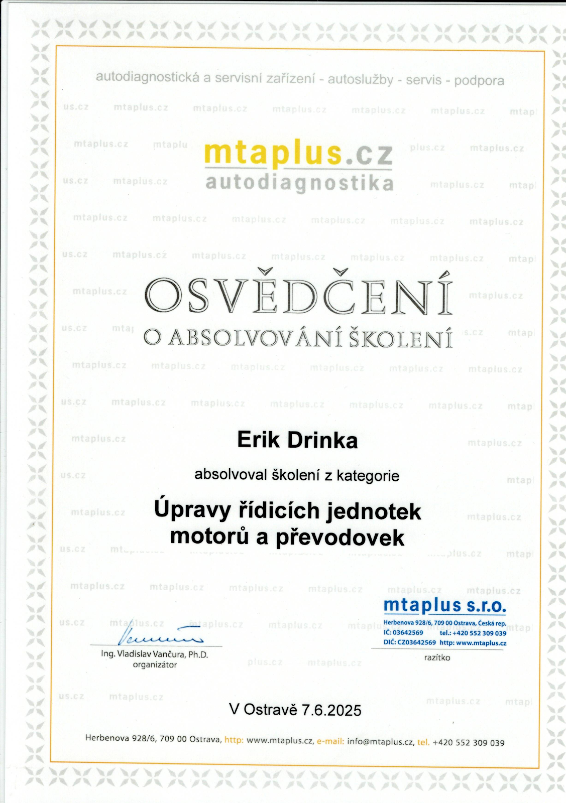 Osvedčenie: Úpravy riadiacich jednotiek motorov a prevodoviek — Erik Drinka